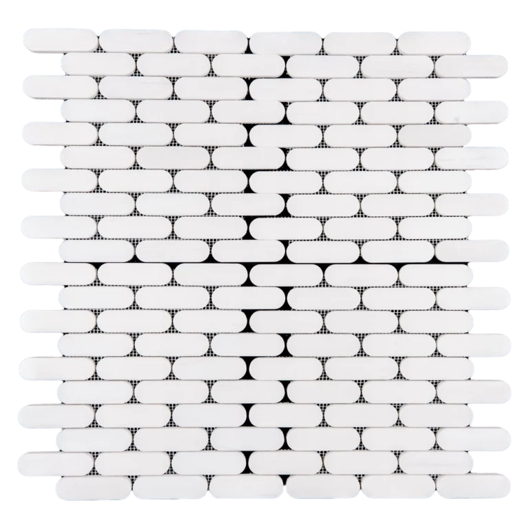 Polished Dolomite Petit Beurre mosaic tile sheet with small rectangular pieces in a white and subtle gray tone.