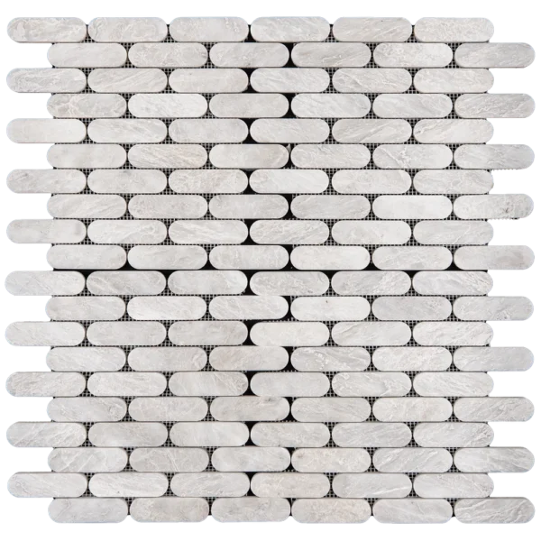 Top view of a Petit Beurre Carrara Polished marble mosaic sheet with interlocking rounded edge rectangular shapes.