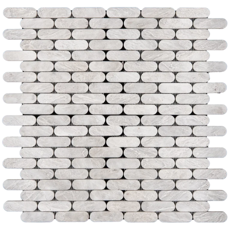 Top view of a Petit Beurre Carrara Polished marble mosaic sheet with interlocking rounded edge rectangular shapes.