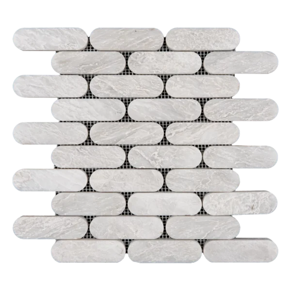 Close-up view of a Petit Beurre Carrara Polished marble mosaic, highlighting the smooth, glossy finish.