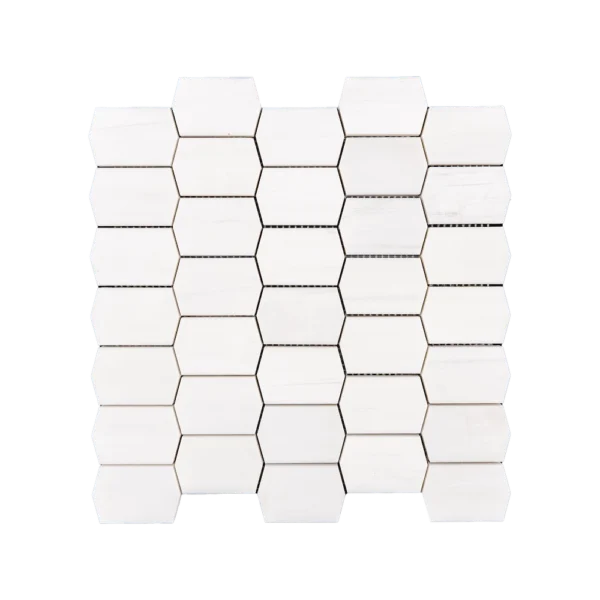 Natural Dolomite Picket Mosaic Tile showing consistent veining and smooth honed finish in white tones.