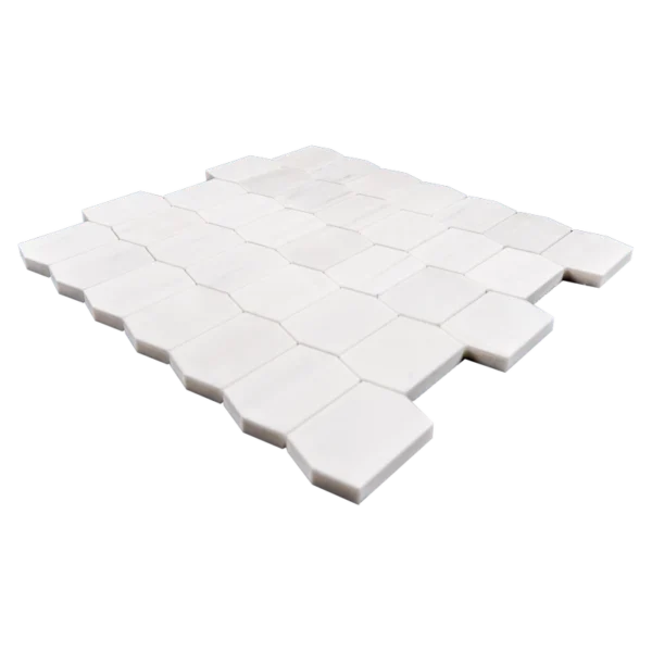 Honed Dolomite Picket Mosaic Tile sheet displayed for easy installation, showcasing the picket design and white marble texture.