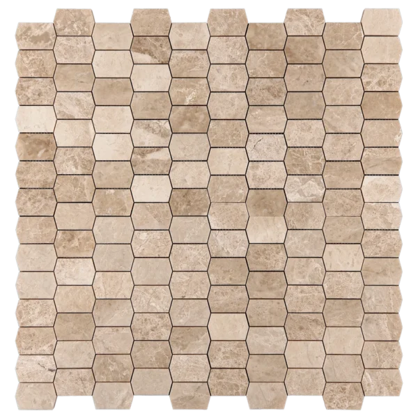 Polished Royal Beige Picket marble mosaic sheet featuring warm beige tones in a modern picket pattern
