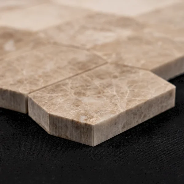 Angled view of Royal Beige Picket polished marble mosaic sheet highlighting individual picket shapes