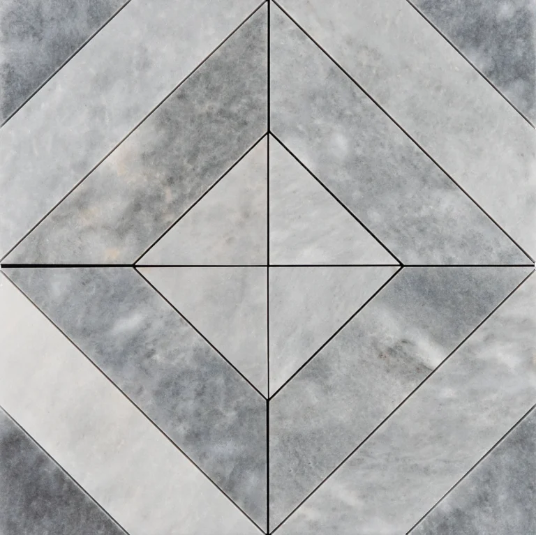 Top view of Piela Bardiglio Polished marble mosaic tile sheet featuring a bold geometric diamond pattern with diagonally cut light and dark grey marble pieces.