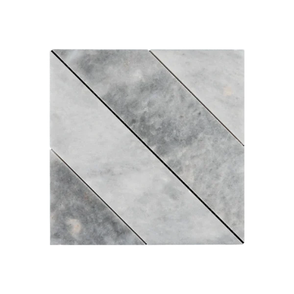 Flat lay of a single module from the Piela Bardiglio Polished tile sheet, showing clean diagonal lines and seamless color gradation in cool grey tones.