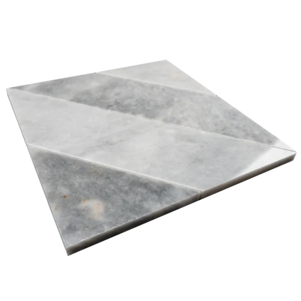 Angled view of the Piela Bardiglio Polished tile sheet revealing the dimensionality and polished texture of the diagonally aligned marble segments.