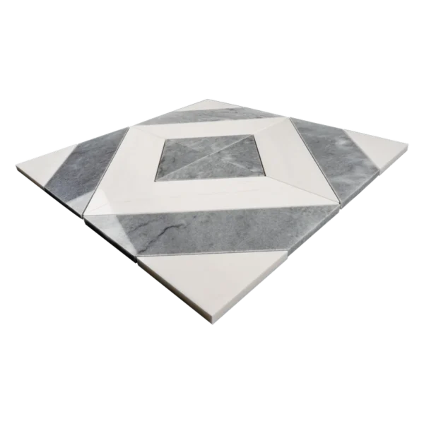 A high-resolution image of a white and gray marble mosaic tile sheet with a diamond configuration. Each tile is expertly crafted, with crisp lines and polished surfaces that accentuate the interplay between the icy white background and the intricate gray veining, creating a refined visual rhythm.