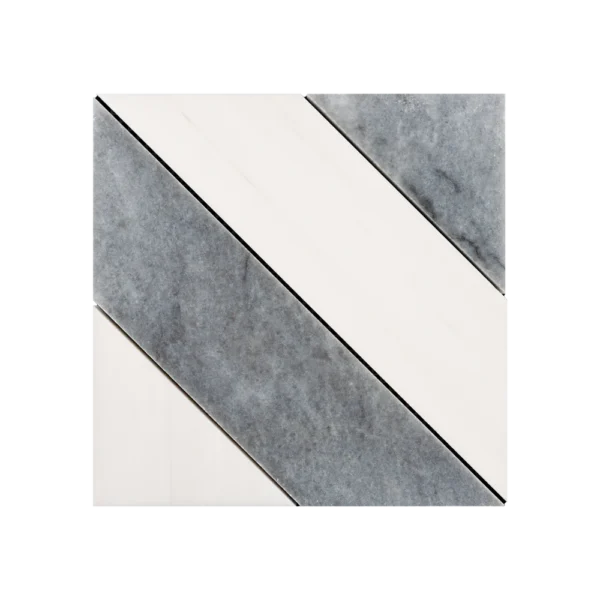 Close-up top view of an elegant marble mosaic tile sheet, showcasing a repeating diamond arrangement with interlocking white and gray marble segments. The polished surface highlights the unique veining and texture, creating a visually captivating interplay of shapes and colors.