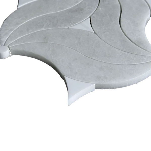 Corner close-up of Rio Iceberg Dolomite mosaic with curved white and icy grey marble pieces
