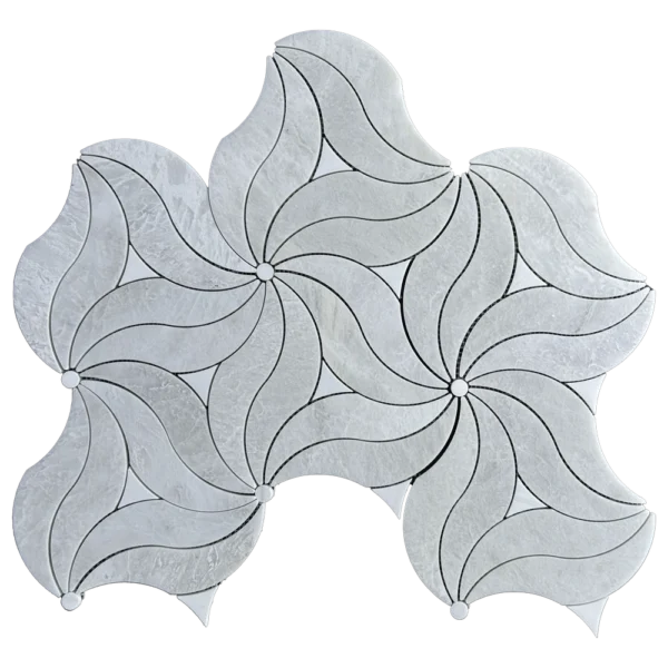 Full sheet image of Rio Iceberg Dolomite mosaic tile featuring flowing floral pattern