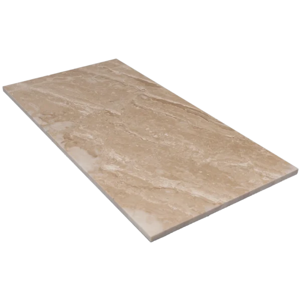 Angled view of Royal Beige 12x24 honed marble tile highlighting the smooth surface, straight edges, and subtle warm veining.