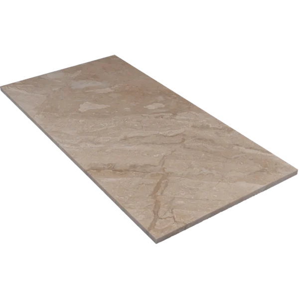 Angled view of Royal Beige 12x24 polished marble tile with a straight edge and glossy finish.