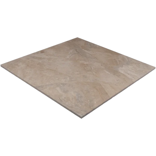 polished Royal Beige marble tile shown at an angle highlighting its smooth surface and natural color variation