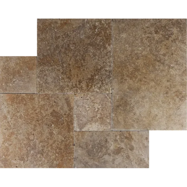 Romano Blend travertine combines earthy walnut, taupe, and mocha tones in a rustic tumbled French pattern layout. A timeless choice for patios, pool decks, and Mediterranean-style interiors.