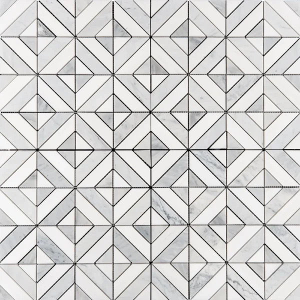 A white and gray geometric marble mosaic featuring diamond shapes interlocked with small triangular accents. The pattern creates a contemporary, symmetrical design with contrasting gray and white tones.