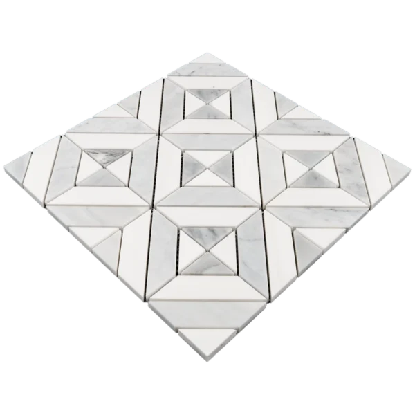 Marble mosaic tile sheet with geometric design featuring diamonds and triangles.