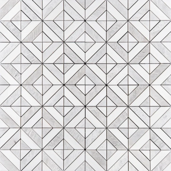 A white and gray geometric marble tile design, showcasing a repeating pattern of diamonds and triangles. The polished surface and natural veining add texture and dimension.