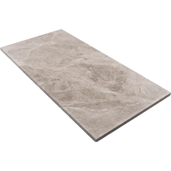 Angled top-down view of a Silver Diamond polished marble tile displaying its smooth surface and rectangular shape.