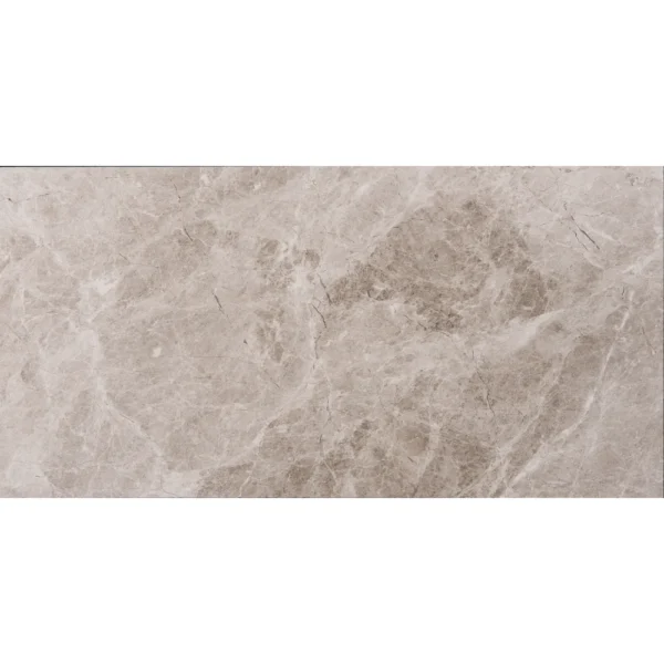 Close-up view of the edge detail on a Silver Diamond marble tile with a polished finish and straight edge.