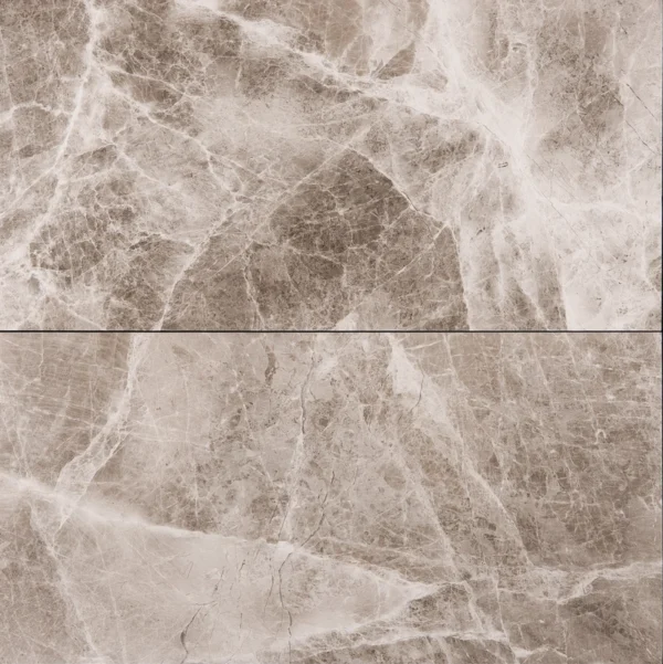 Two Silver Diamond 12"x24" polished marble tiles laid side by side, displaying their natural veining and polished finish.
