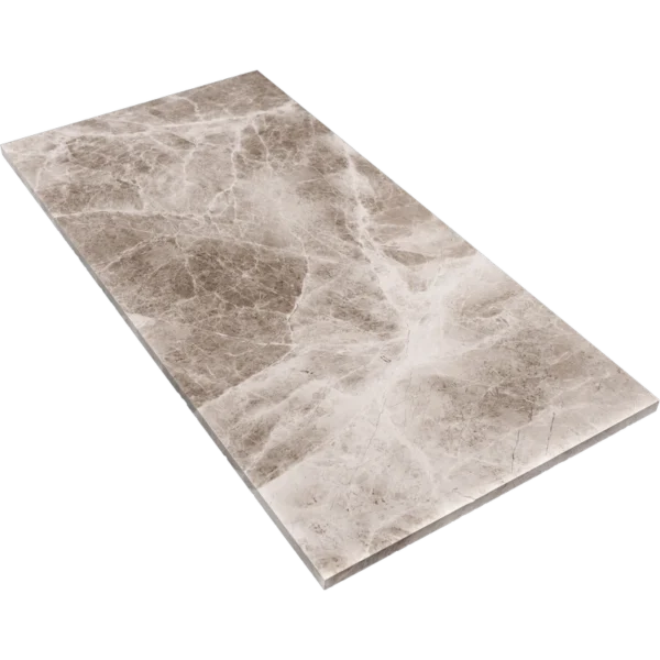 Angled perspective of the Silver Diamond 12"x24" polished marble tile emphasizing its smooth surface and rectangular shape.