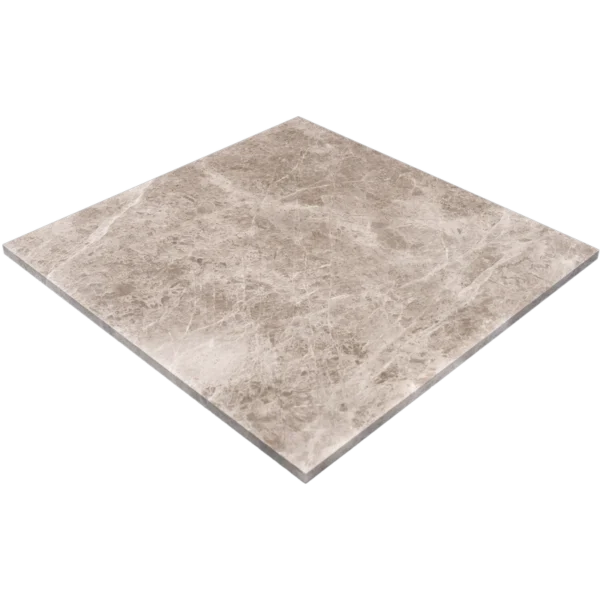 Angled view of a 18"x18" polished Silver Diamond tile highlighting its lustrous surface and dramatic veining.