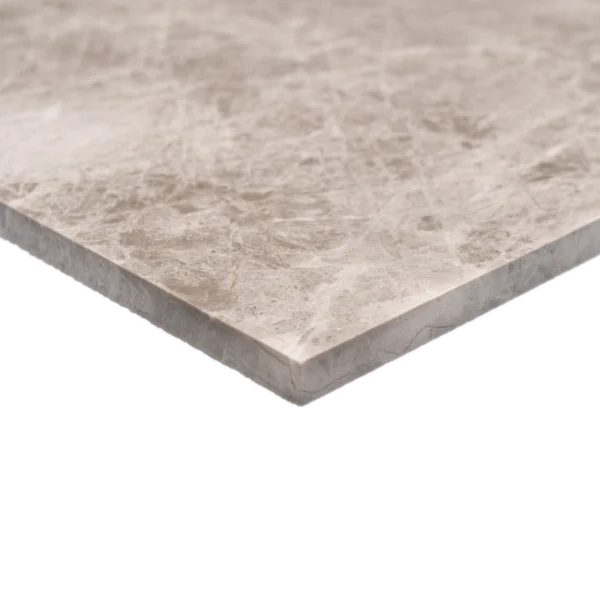 Close-up of a Silver Diamond polished marble tile corner in 18"x18" size, emphasizing the crisp edge and reflective surface.