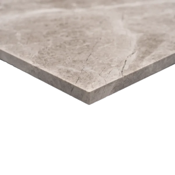 Close-up of the tile's edge highlighting the refined thickness and precise cut of the Silver Diamond honed tile.