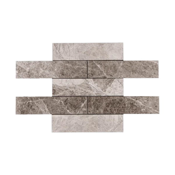 Top view of a layout featuring multiple Silver Diamond polished marble tiles in 3x12 size, showcasing the tile's veining variation and glossy surface.