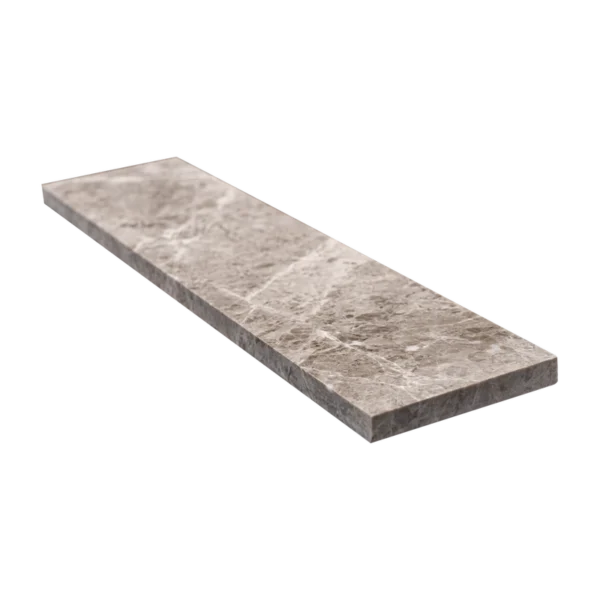 Perspective side view of a Silver Diamond 3x12 marble tile with polished finish, illustrating edge clarity and rich marble veining.
