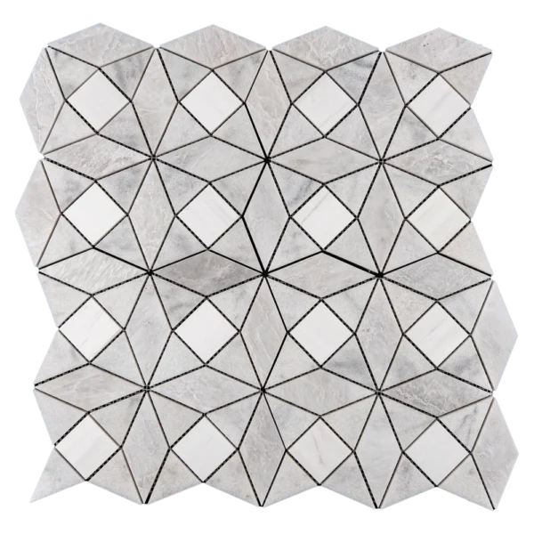 Top-down view of Trillium polished marble mosaic tile made from Dolomite, Milas White, and Iceberg marble in a starburst geometric layout.