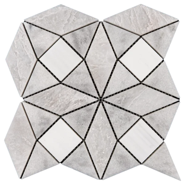 Close-up of Trillium mosaic tile showing the detailed surface texture and contrast between the honed Dolomite and polished Milas White.