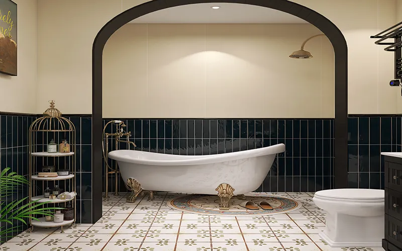 Elegant bathroom featuring precision-cut natural stone waterjet mosaic patterns and decorative marble details