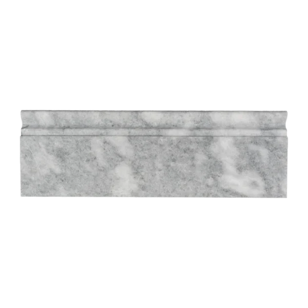 Frontal view of Bardiglio baseboard trim in polished marble with soft grey veining