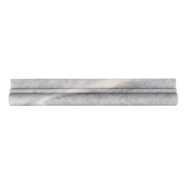 Front view of Bardiglio polished marble chair rail with soft grey veining and classic profile