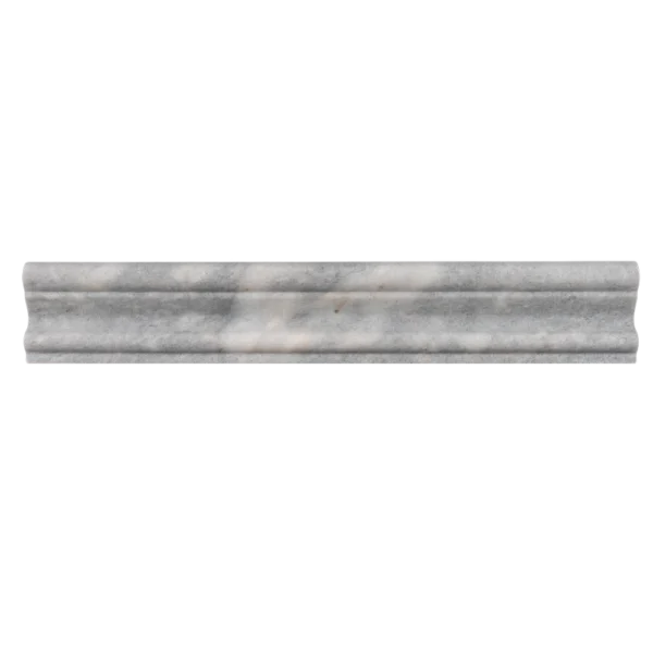 Straight-on view of Bardiglio marble crown molding – soft gray tones with polished finish