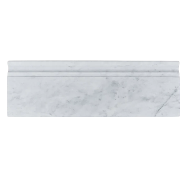Front-facing image of Carrara polished marble baseboard trim with soft veining.