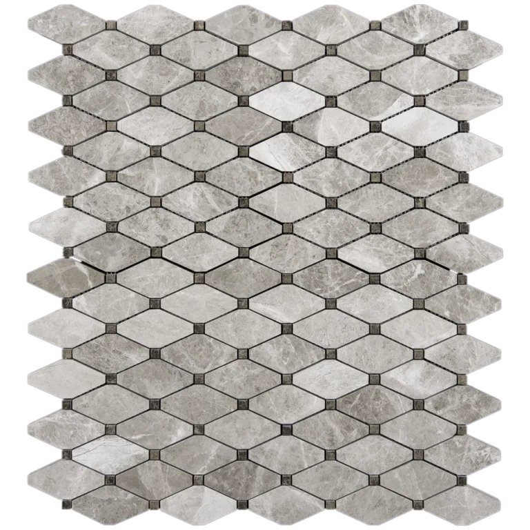 Clipped diamond mosaic tile in beige polished marble with dark accent dots, full sheet top view.