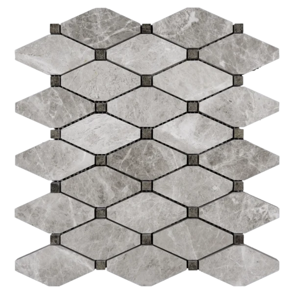 Front view of beige diamond-shaped polished marble mosaic tile with clipped corners and dark joints.