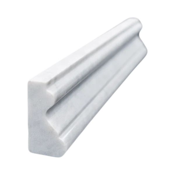 Angled side view of Carrara crown molding trim showcasing its rounded and polished profile in white marble.