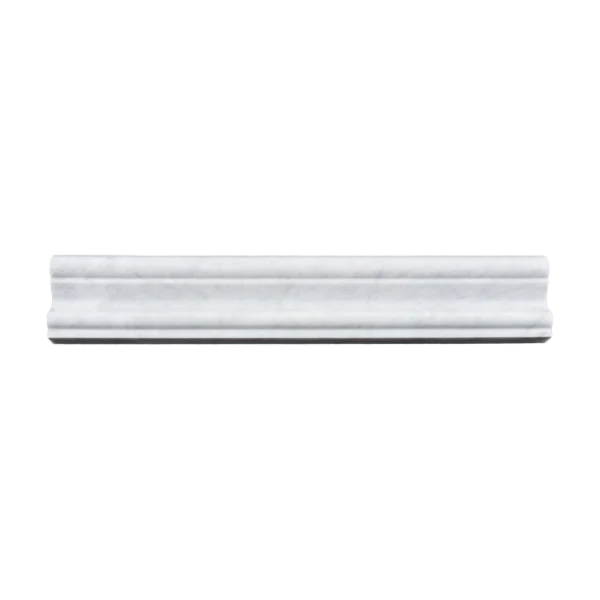 Front view of Carrara white marble crown molding with soft veining and polished finish.