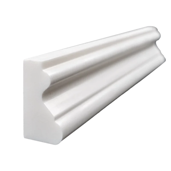 Angled view of Dolomite polished marble crown molding showing the detailed curved profile and white surface.