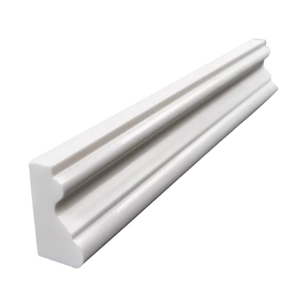 Perspective side view of polished Dolomite crown molding with smooth finish and sculpted edge