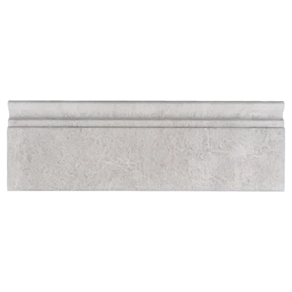 Front view of Iceberg polished marble baseboard trim showcasing clean lines and subtle icy veining.