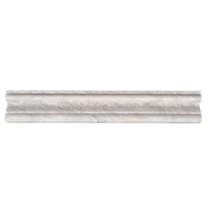 Front view of Iceberg polished marble crown molding with a classic layered profile and icy veining.