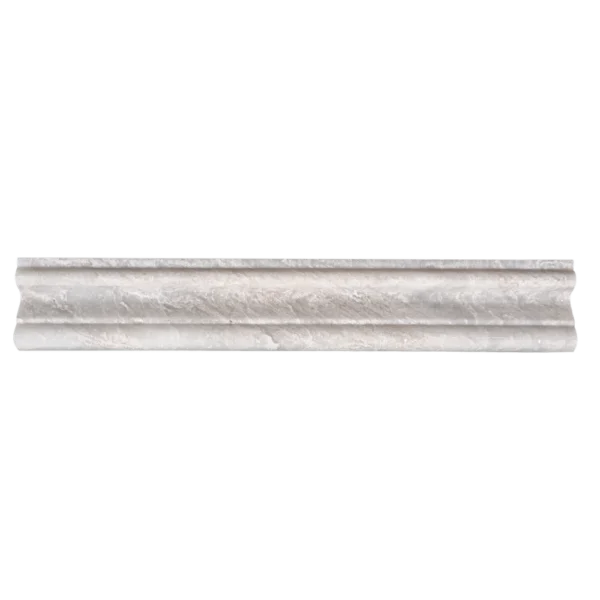 Front view of Iceberg polished marble crown molding with a classic layered profile and icy veining.