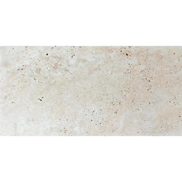 Full view of Ivory 12x24 Tumbled Travertine Paver in light beige with rustic pitting – premium natural stone for outdoor paving