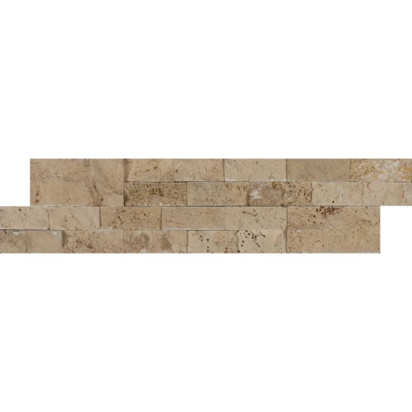 Ivory travertine 6x24 splitface ledgestone panel in warm beige tones for rustic vertical wall design