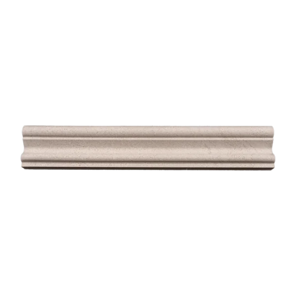 Front view of honed limestone crown molding with soft beige tone and classic curved profile.
